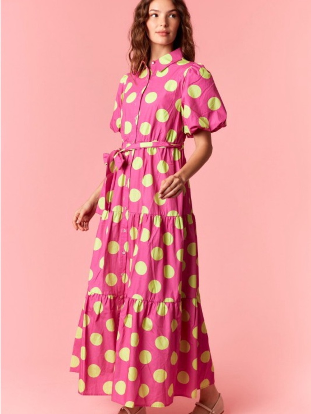 NWT PINK POLKA DOT COTTON POPLIN PRINTED PUFF SLEEVE MAXI DRESS POCKETS - Picture 4 of 9